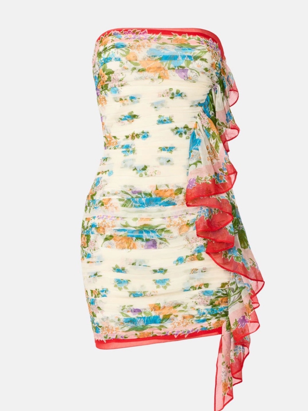 Ronny Kobo Collection Strapless Floral Ruffle Mini Dress in Cream and Red